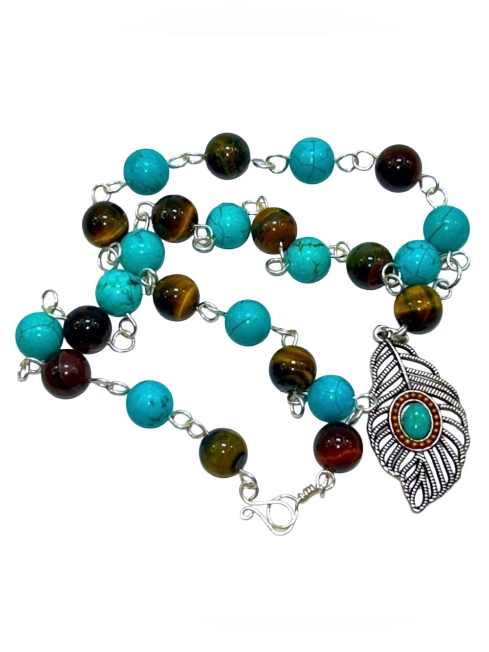 Handmade Feather Pendant Necklace with Natural Turquoise & Tiger Eye Stones!